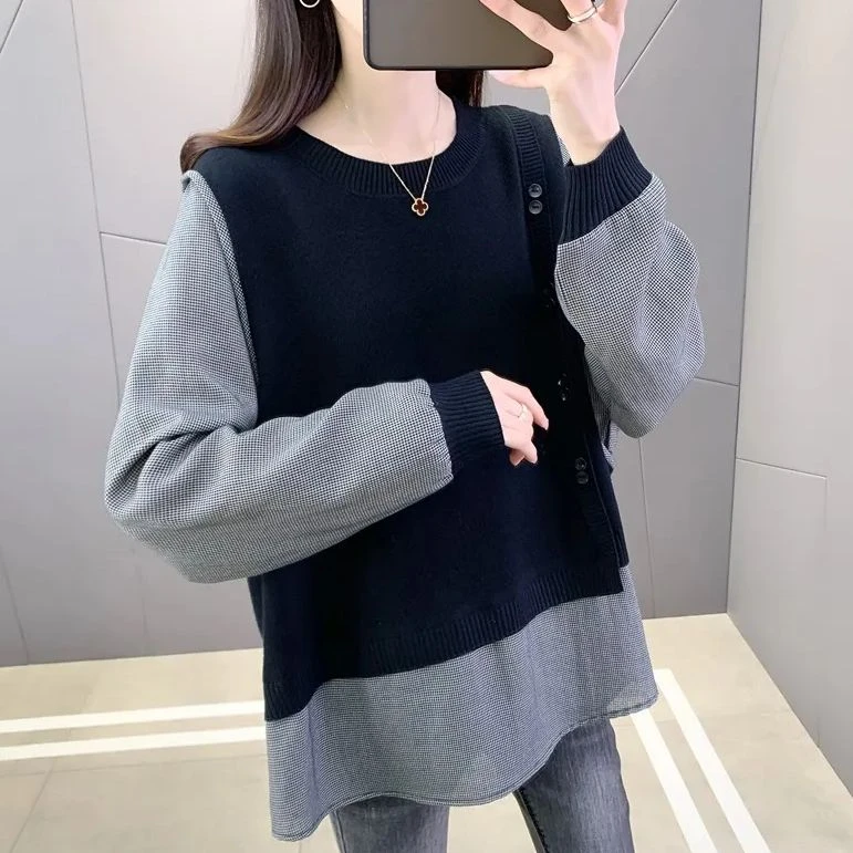 2025秋季新款女士长袖衬衫假两件针织毛衣女装大码胖mm遮肚子上衣