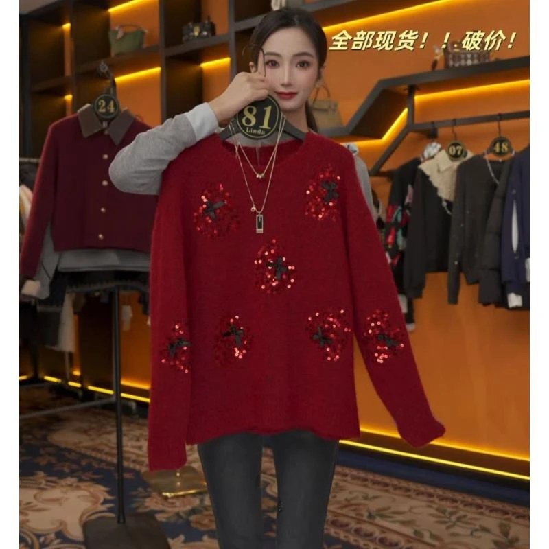 【Linda专属】【81】秋冬酒红色毛衣亮片重工圆领针织上衣JC-A2824