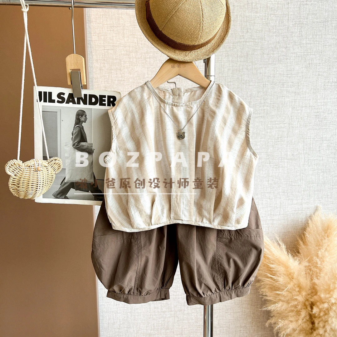 啵小爸【森林解码】2025夏季男童韩系休闲条纹两粒扣无袖衬衫