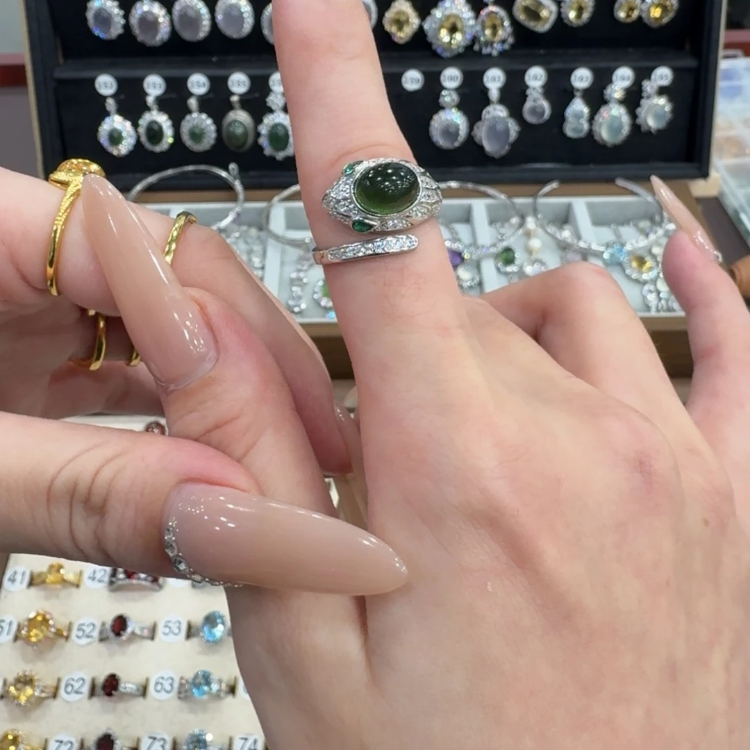 &***零蛇纹石玉银S925镶嵌戒指