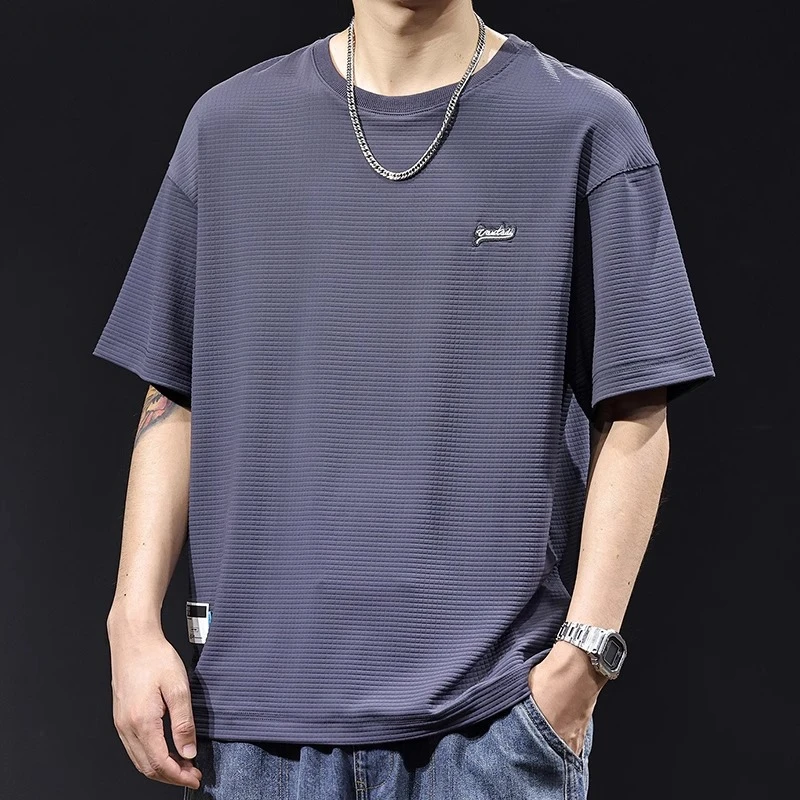 轻奢肌理感冰丝速干短袖t恤男夏季潮牌大码高端衣服薄款2025新款