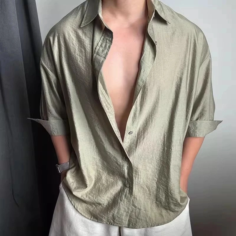 绿色仿亚麻轻薄透气凉感衬衫男模夏痞帅高级感速干防晒六分袖衬衣
