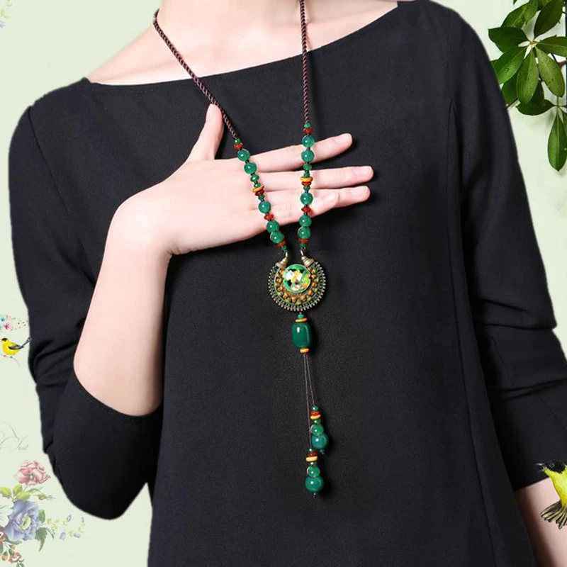 非金属布艺项链 复古风长款毛衣链吊坠新中式高档古典汉服配饰品