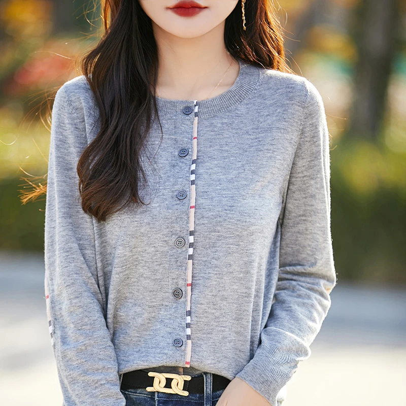 高端时尚优雅气质毛针织衫春秋精纺羊毛长袖打底开衫圆领薄款开衫