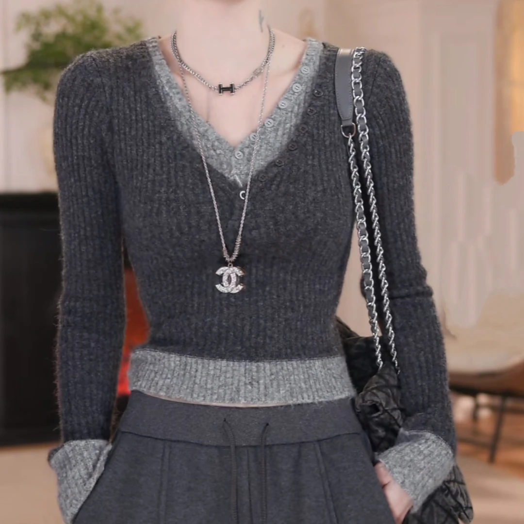 2026时尚新款百搭气质v领假两件针织衫慵懒风套头修身女上衣H3-29
