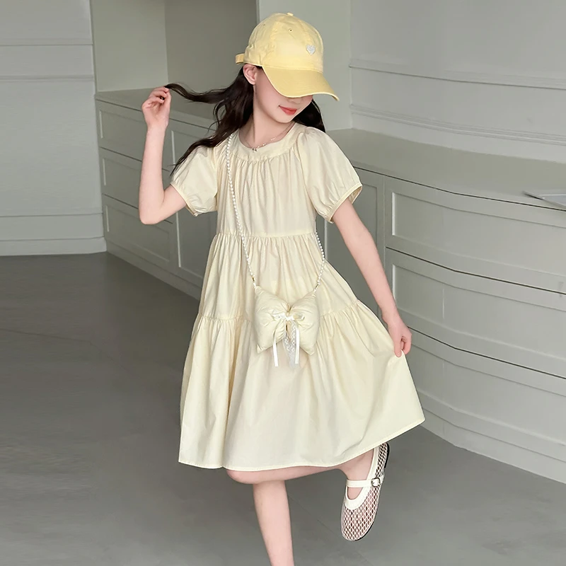 女童夏装短袖连衣裙韩版洋气2025新款甜美风女孩中大童裙子泡泡袖