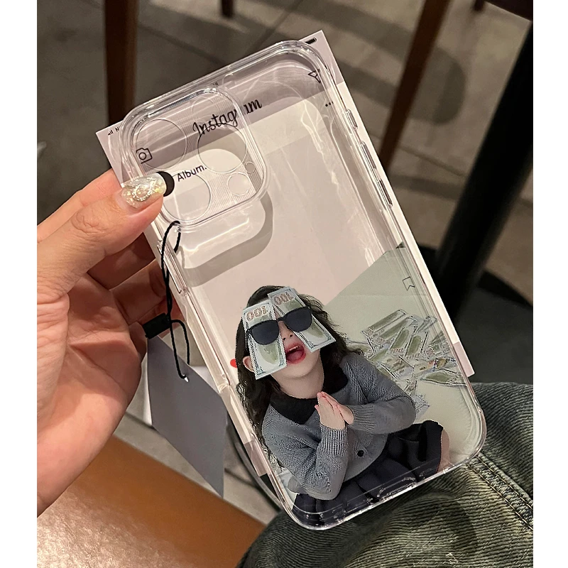 发财墨镜小女孩适用16promax苹果15女款手机壳iPhone13全包14网红