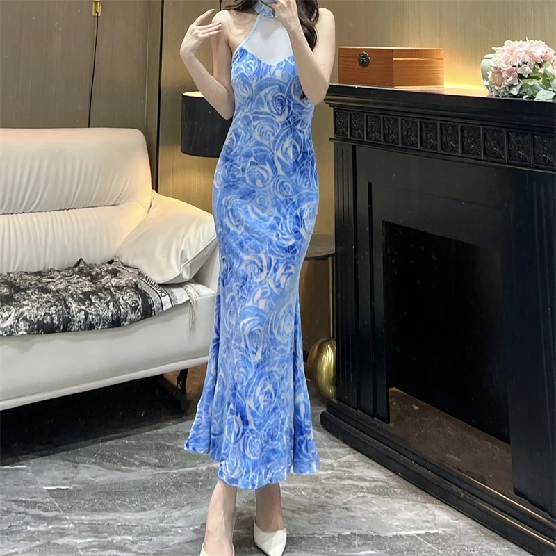 气质女人味轻奢立领无袖烧花扎染碧兰海波显瘦性感包身鱼尾连衣裙