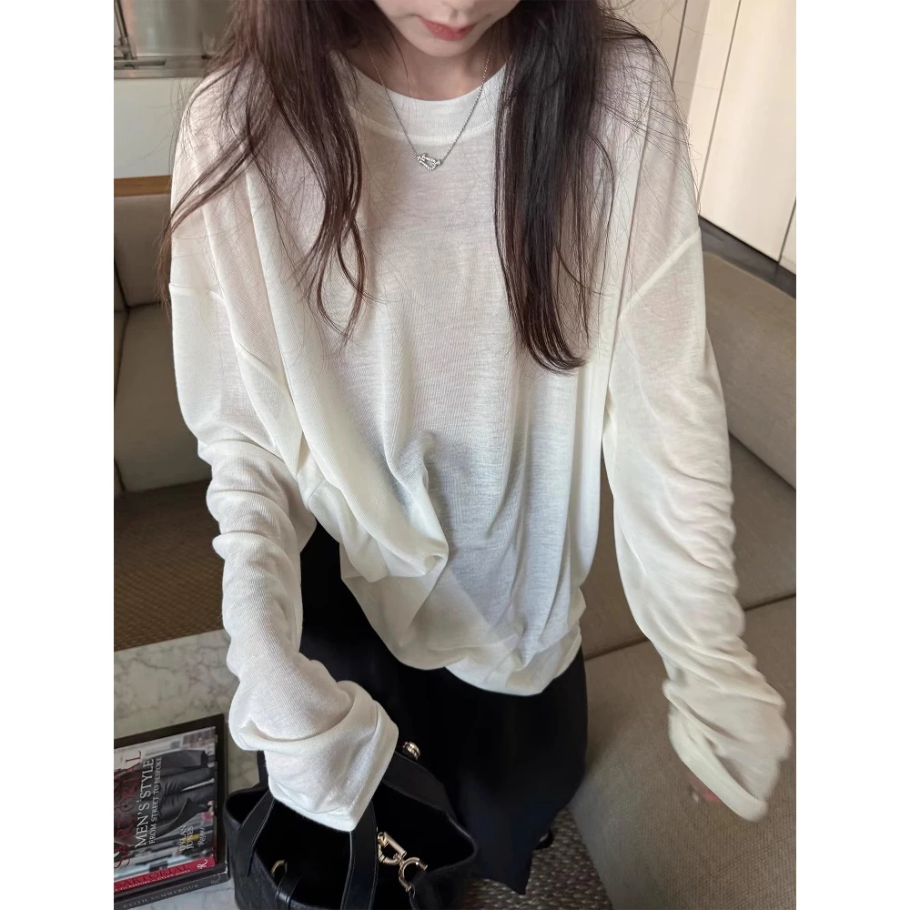 水肌面膜T恤80%天丝柔软圆领宽松显瘦防晒长袖上衣夏季韩系百搭女