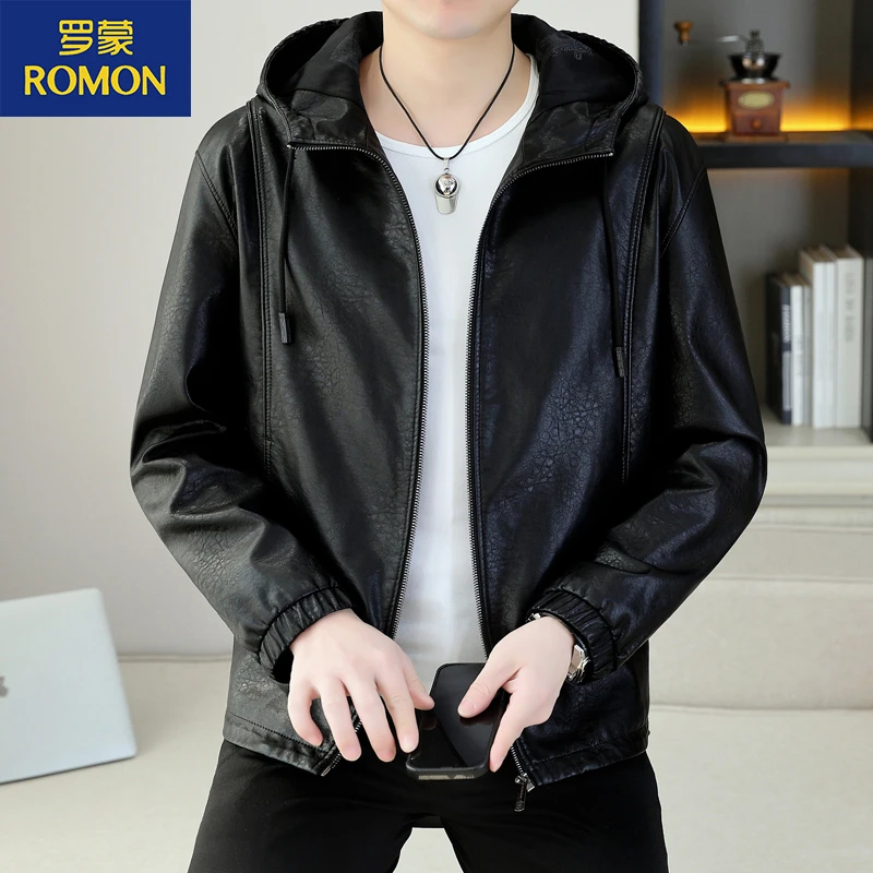 Romon/罗蒙男士连帽皮衣加绒加厚中青年休闲时尚秋冬保暖皮夹克男
