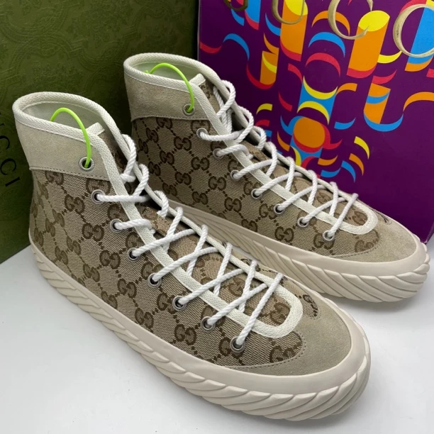 99新 GUCCI/古驰 40.5码/双G满印老花时尚潮流休闲高帮帆布板鞋