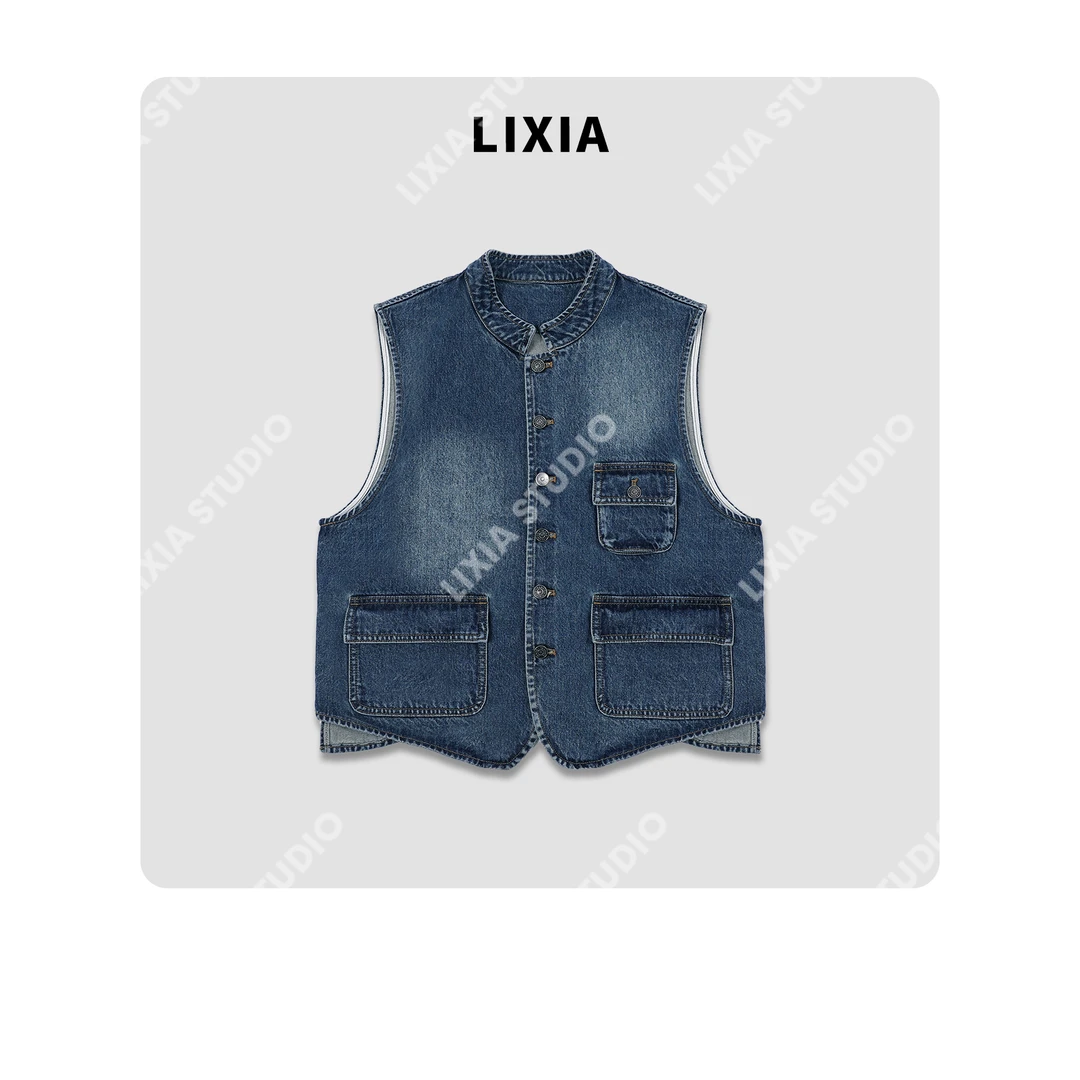 LIXIA【线廓】极简风韩版水洗口袋廓形设计感牛仔马夹-D8985