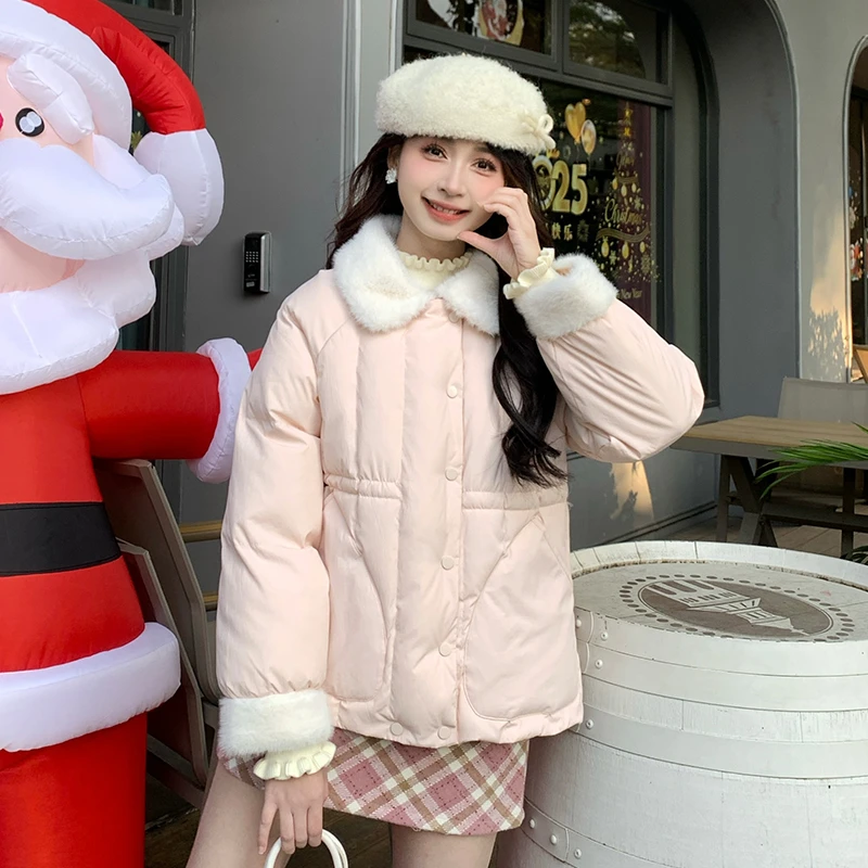 小个子红色外套女2024新款冬季高级感加厚收腰面包服上衣
