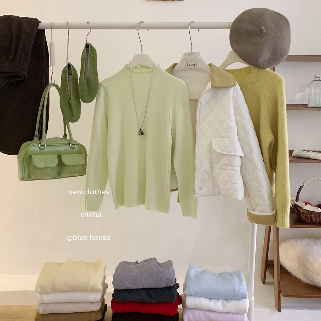 韩国超爱的奶油青提绿木耳花边半高领针织衫女冬温柔叠穿打底上衣