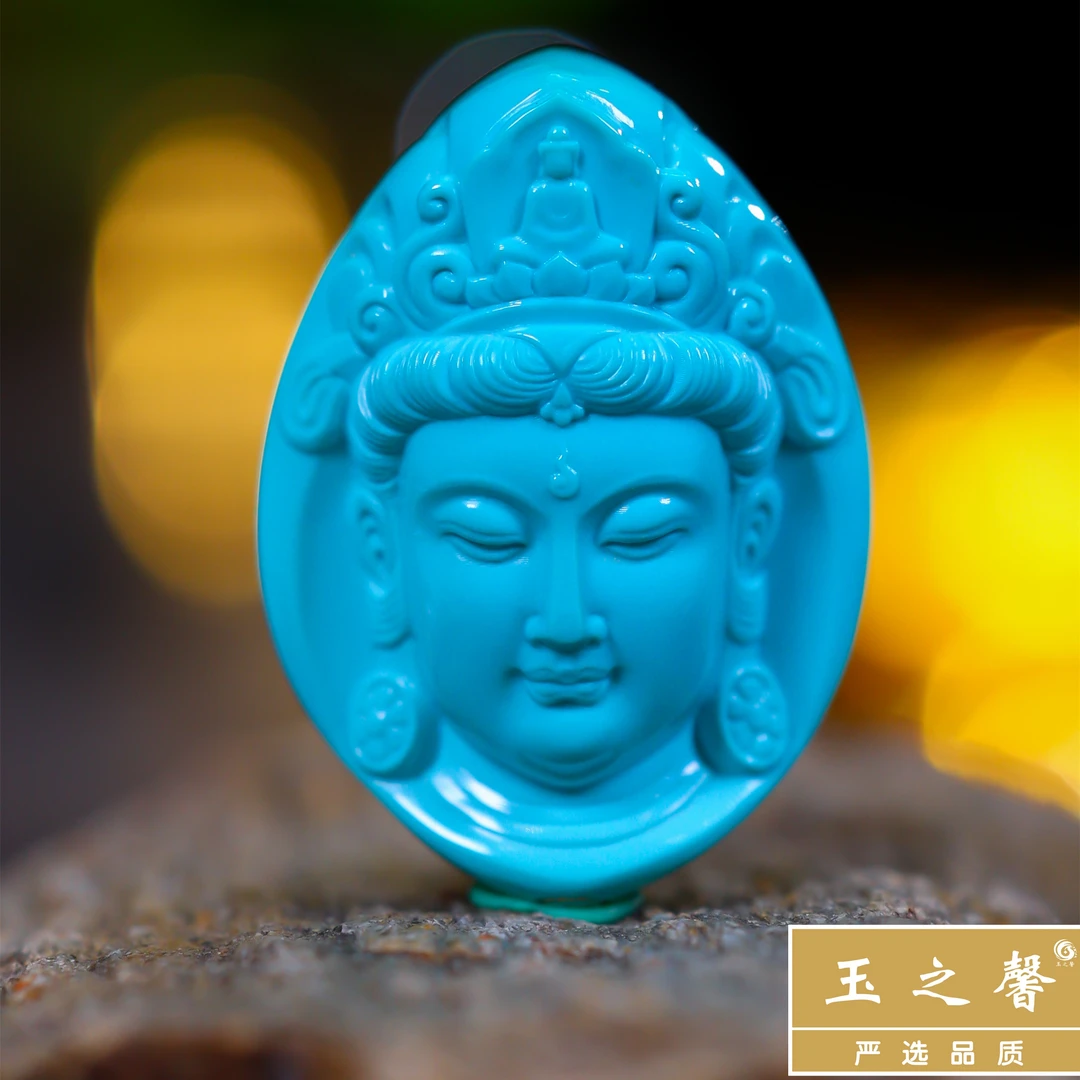 【已结缘仅欣赏】原矿纯天然绿松石观音吊坠立体雕刻大师雕刻藏品