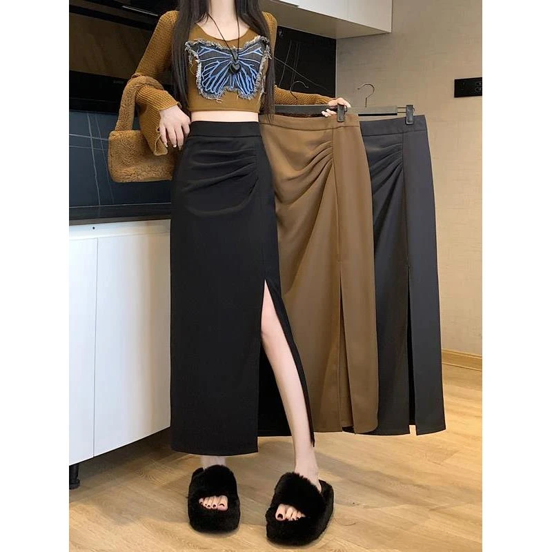 黑色显瘦半身裙女2025春夏新款开叉A字裙包臀裙裙子长款裙小个子