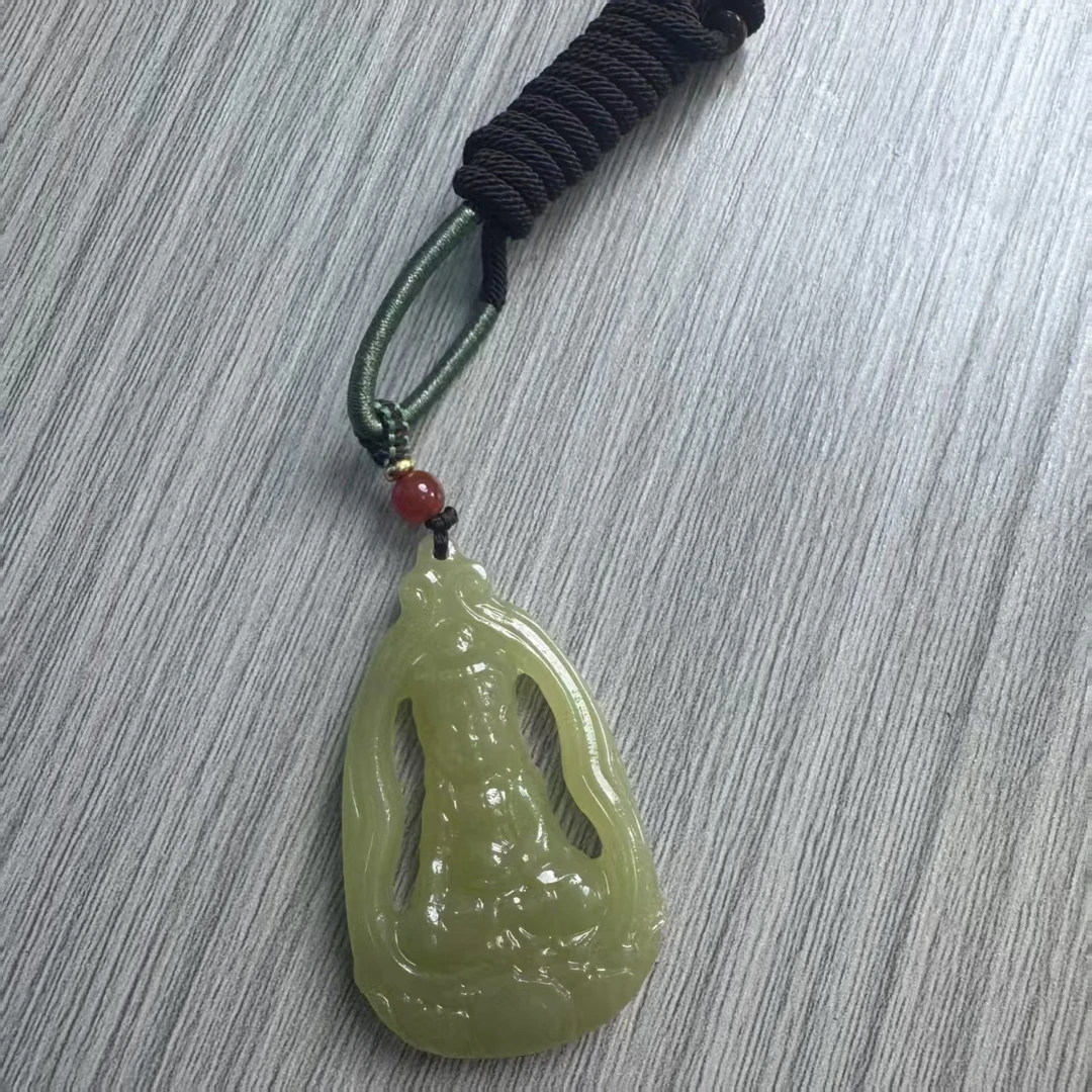 S031天然青黄玉镂空雕观音配縄子帯礼盒收藏品