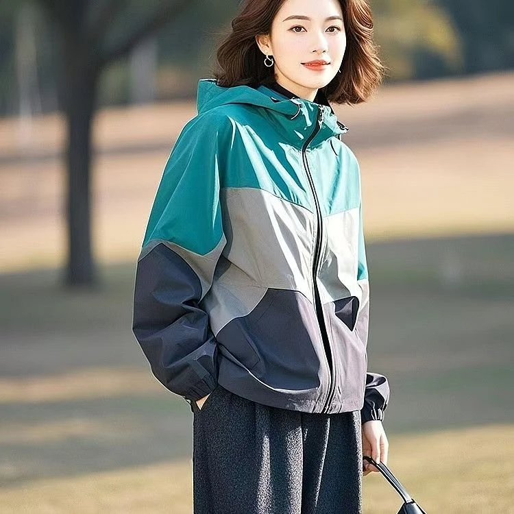 2025年春秋新款女装小个子百搭宽松连帽高级感休闲撞色夹克外套