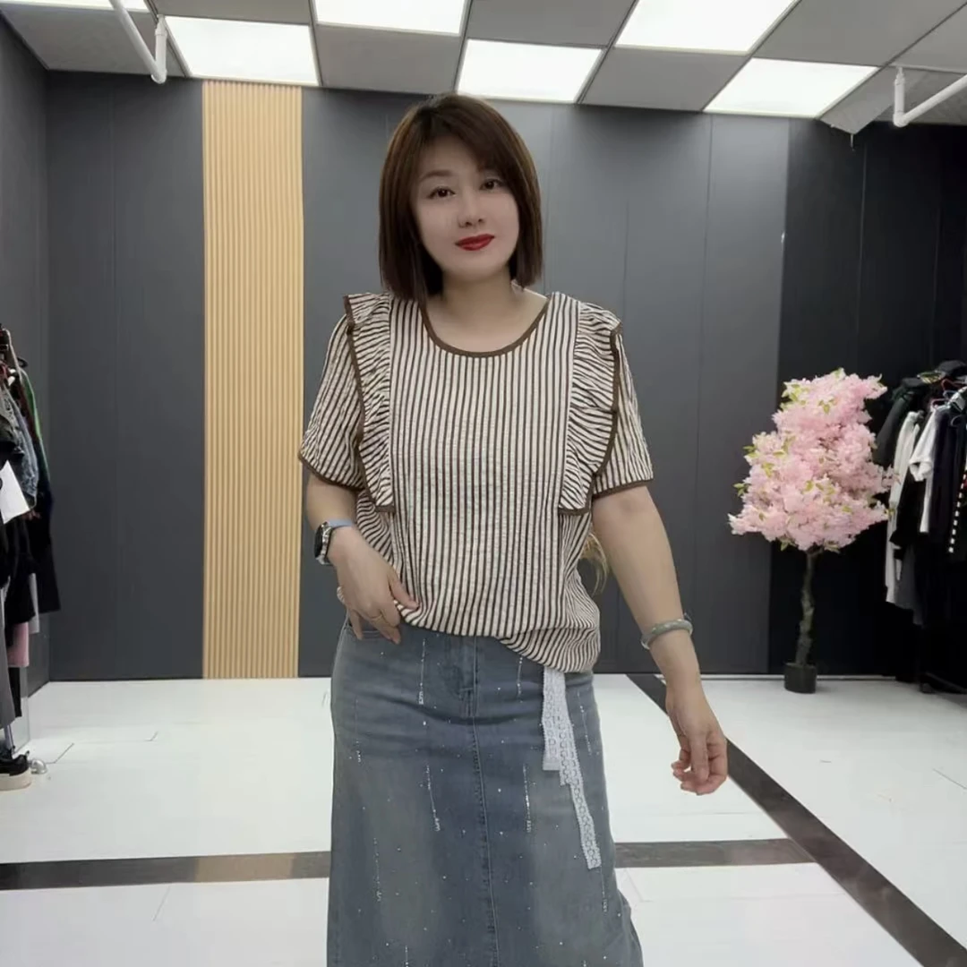 RF796时尚韩版拼接气质木耳边格纹短袖T恤