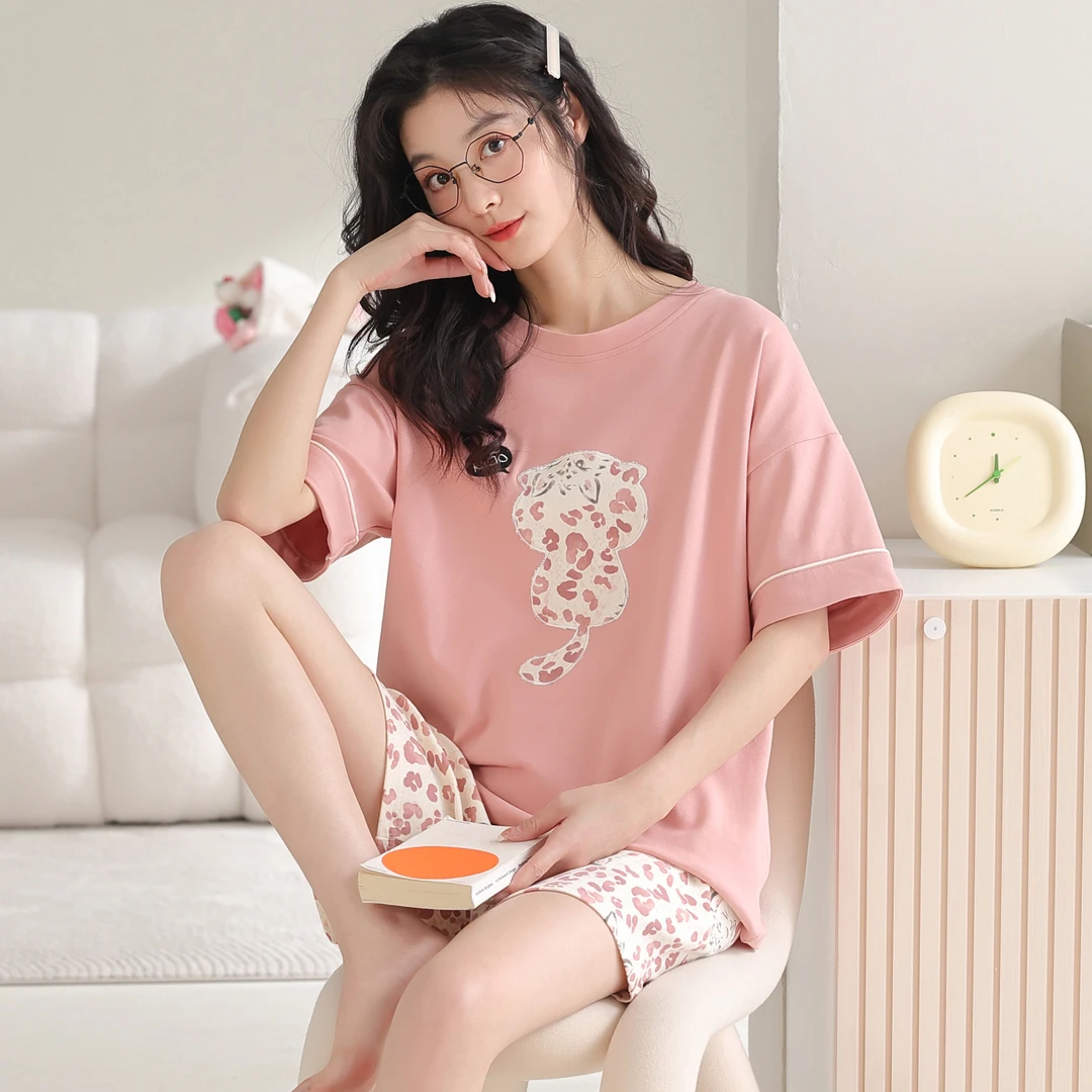 卡之恋睡衣女夏天薄款短袖短裤纯棉奶乎乎虾粉刺绣猫咪家居服套装