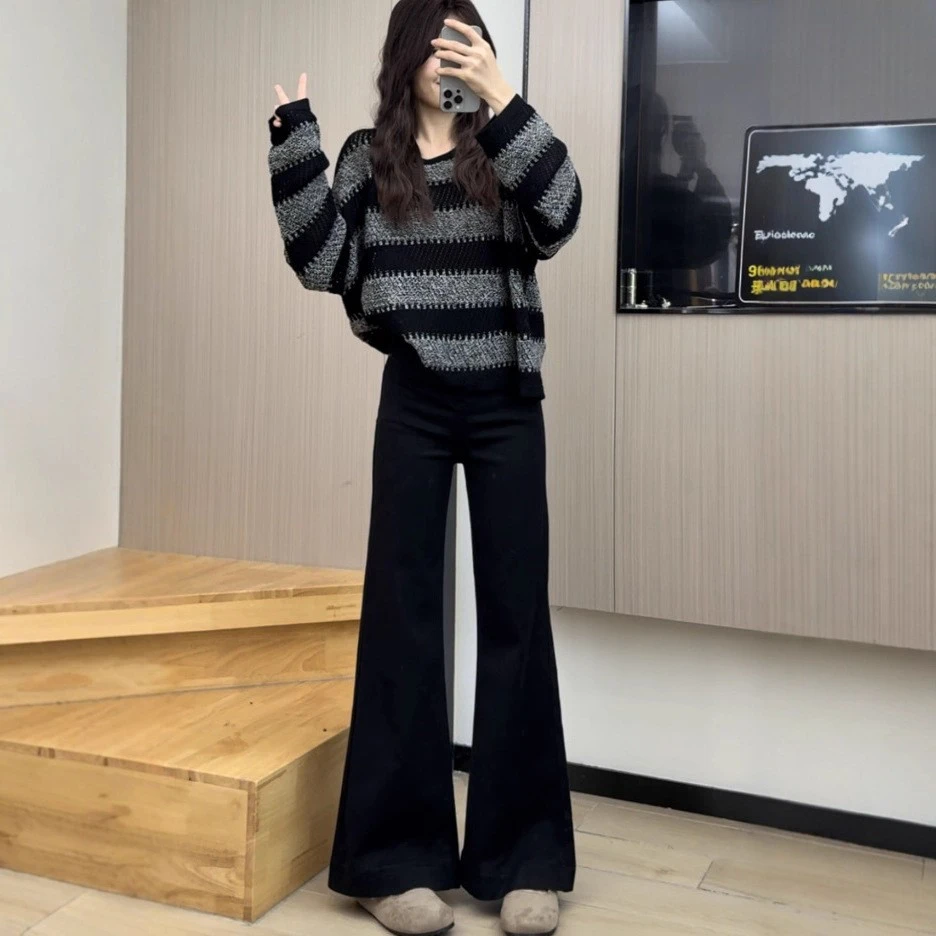 2583#黑色弹力极简风高腰春秋季显瘦微喇叭裤百搭牛仔裤外穿女裤