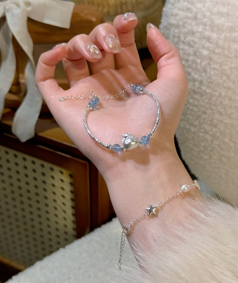 D33《魔鬼蓝KT》魔鬼蓝海蓝宝竹节925银管足银kitty手串