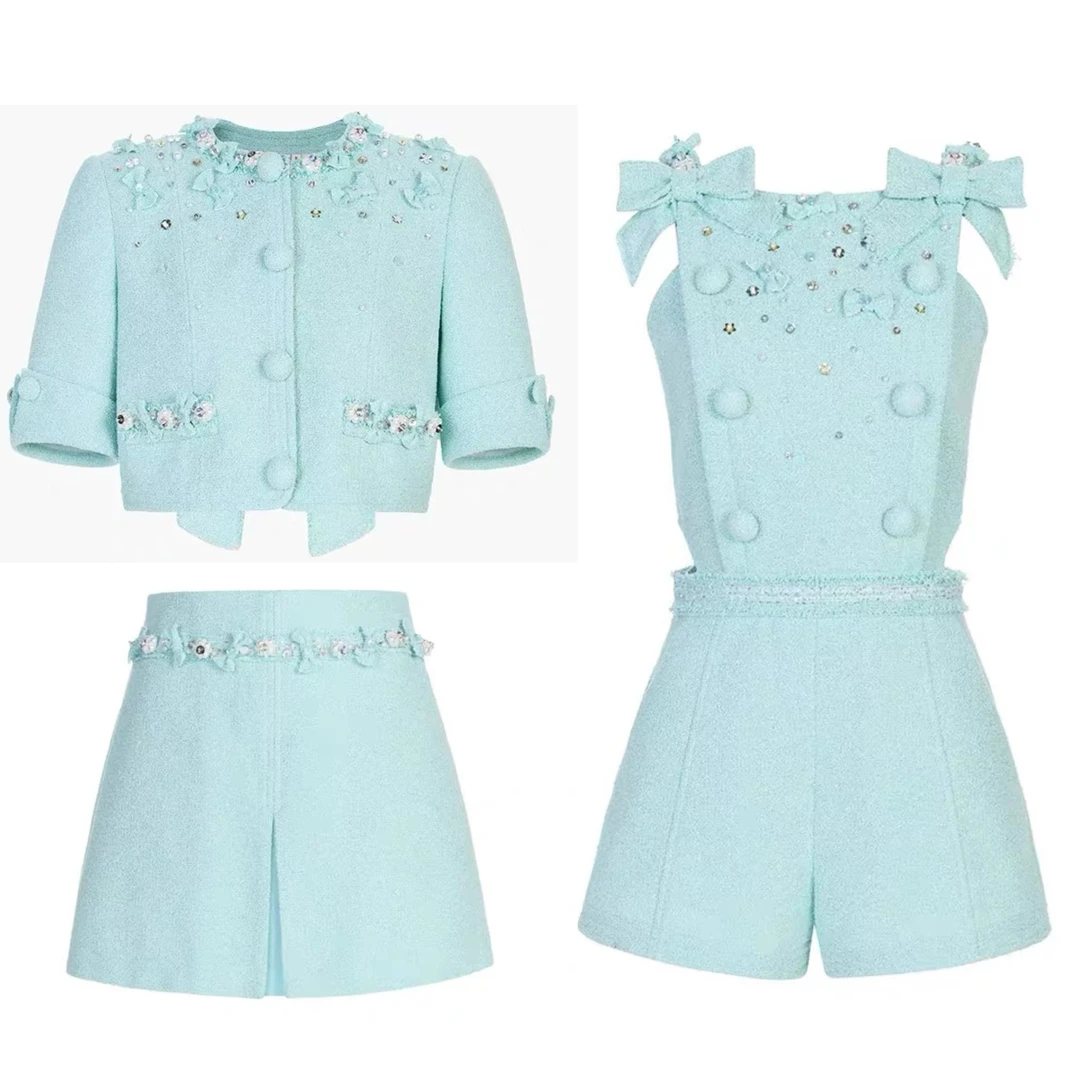 辰辰木子店绿色小香短袖上衣半裙连体裤