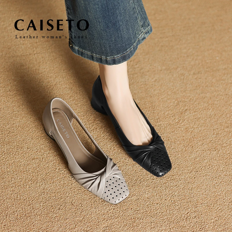 头层羊皮/3.5cm新款夏季浅口法式方头镂空真皮软底单鞋女D386