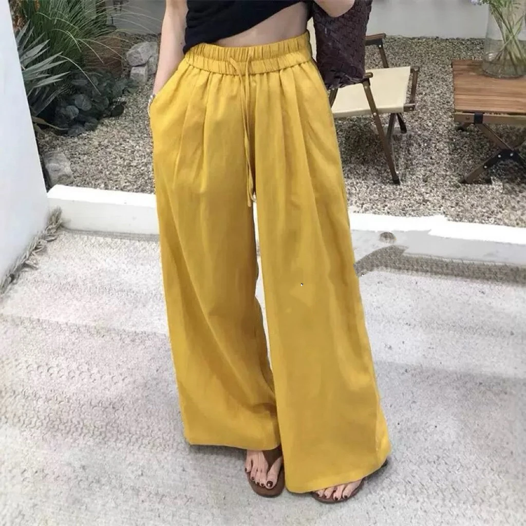 黄色阔腿裤2025夏季流行新款极简风时尚日常百搭高腰显瘦大码长裤
