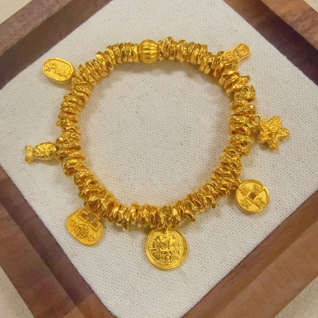【足金黄财神全家福盘缠手串】卡 6mm（弹力绳）