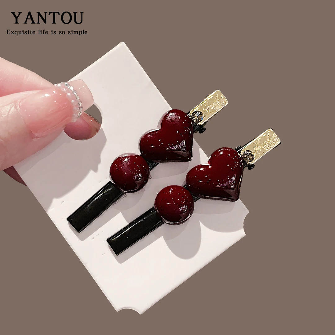 韩系精致酒红爱心刘海夹女前额碎发夹鸭嘴夹发卡高级感时尚侧边夹