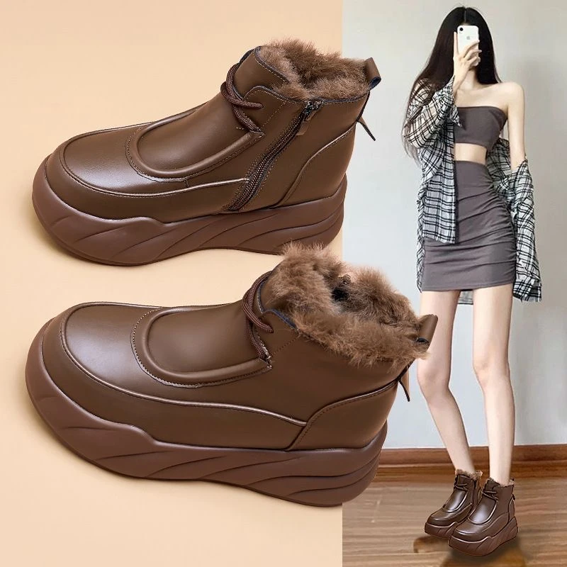 新款雪地棉鞋毛毛冬季皮毛保暖大靴女老爹加绒一体鞋女增高