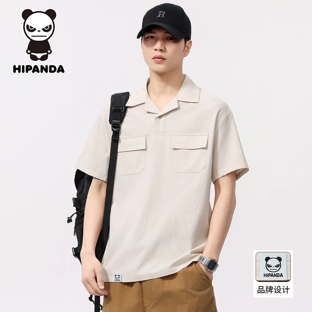 HIPANDA古巴领短袖POLO衫男款2025夏季日系复古口袋工装打底衫