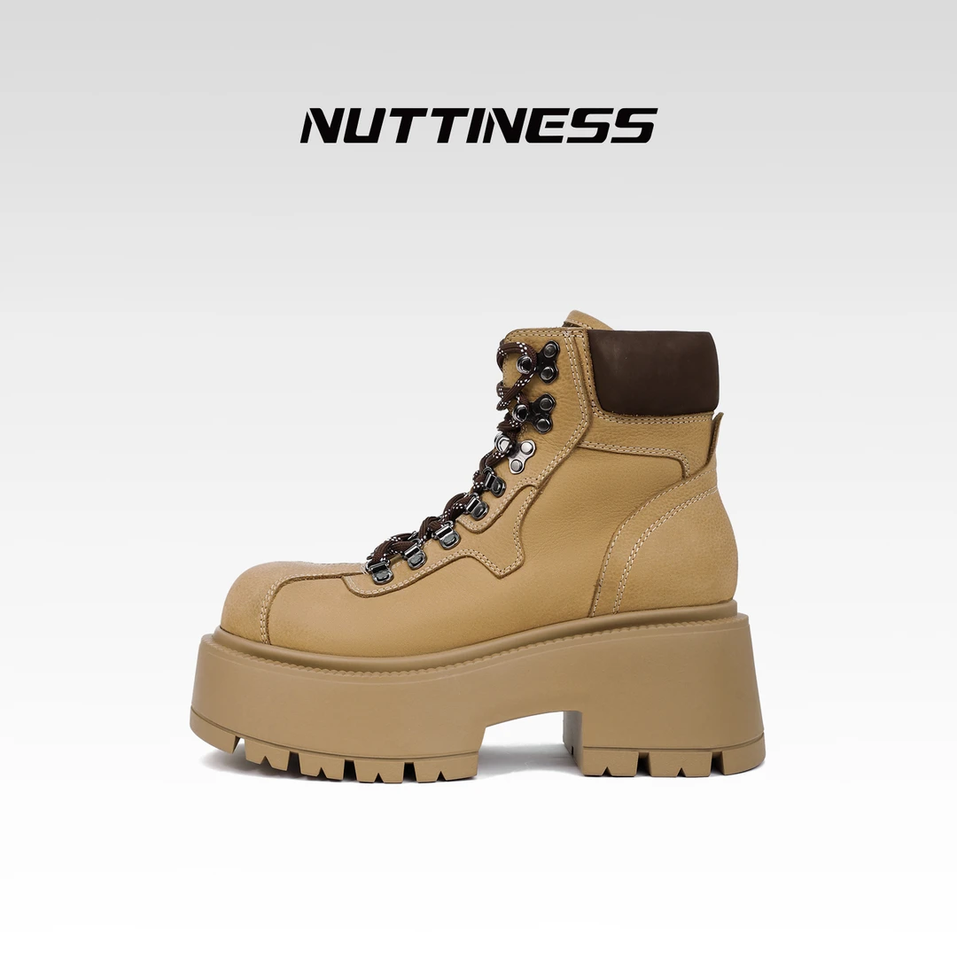 【NUTTINESS】小众设计师款圆头短筒女细带欧美风增高厚底马丁靴女