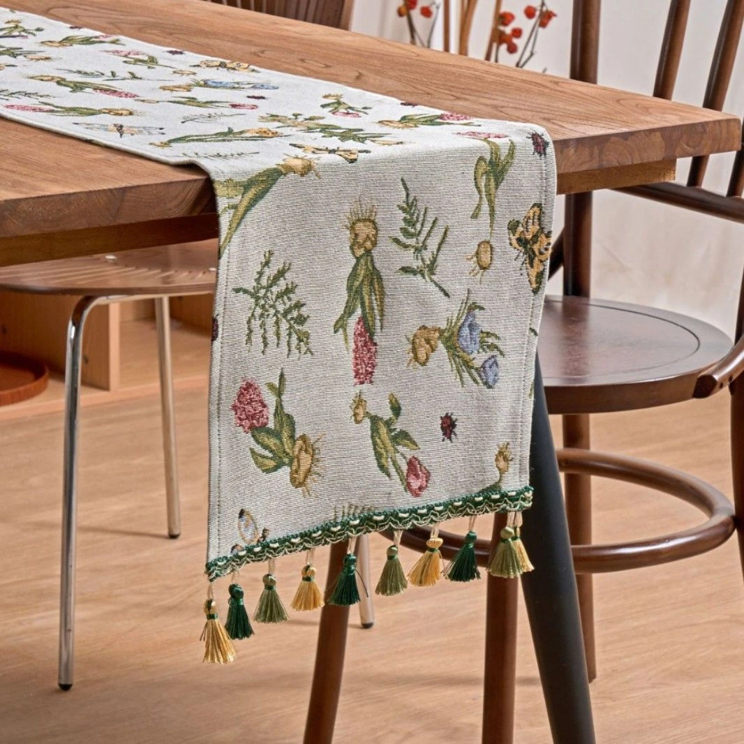 桌旗欧式复古花卉提花绿色流苏节庆氛围电视柜装饰盖布