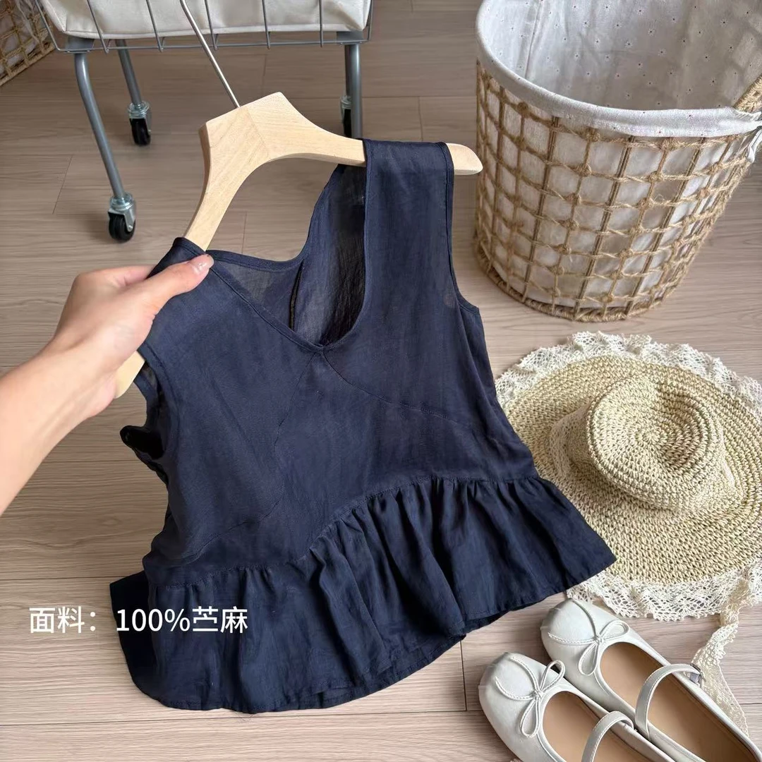 小柒家A0355-夏季新款无袖V领藏青色薄款苎麻荷叶边衬衫