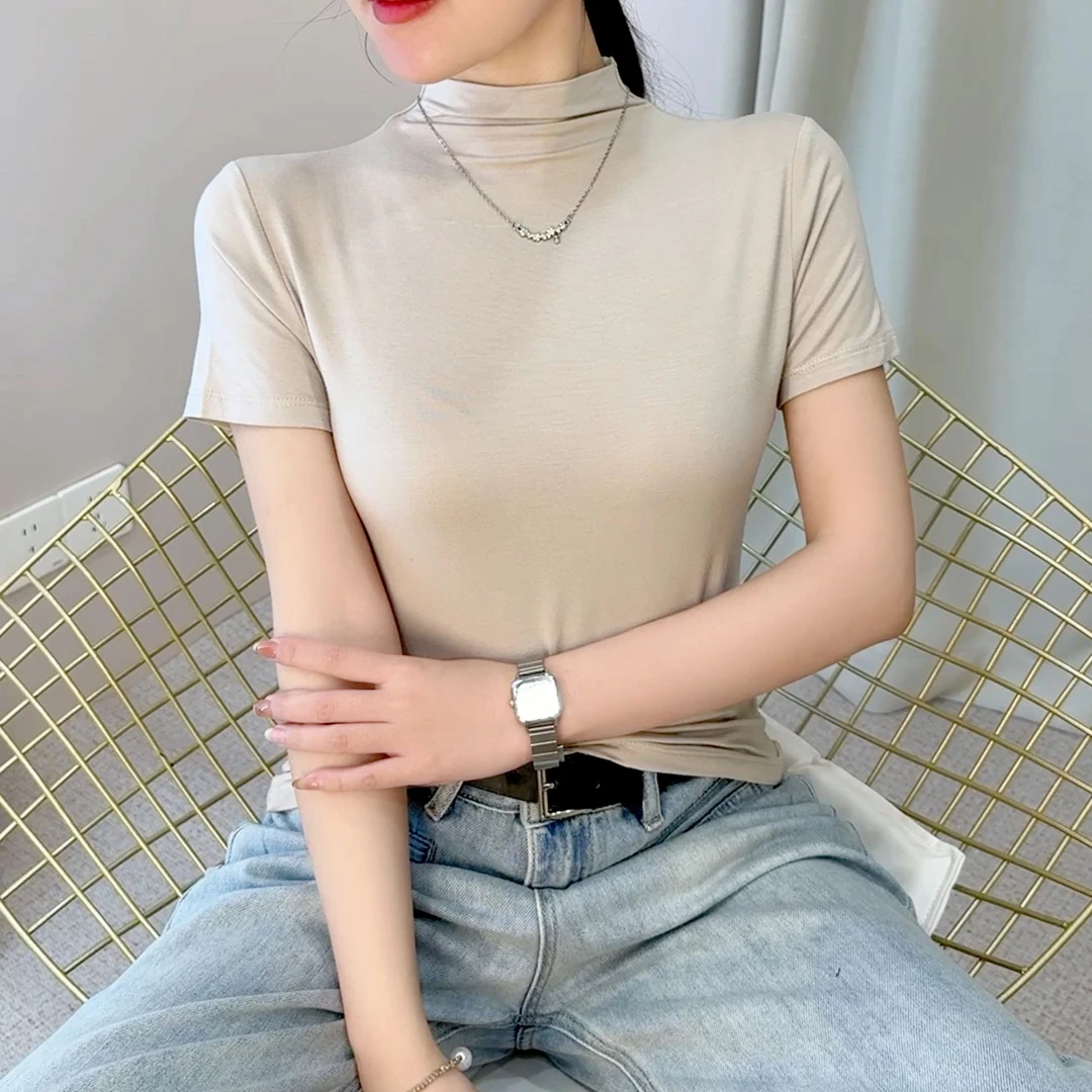 半高领短袖T恤百搭莫代尔冰丝夏季洋气纯色修身紧身时尚女装韩版T