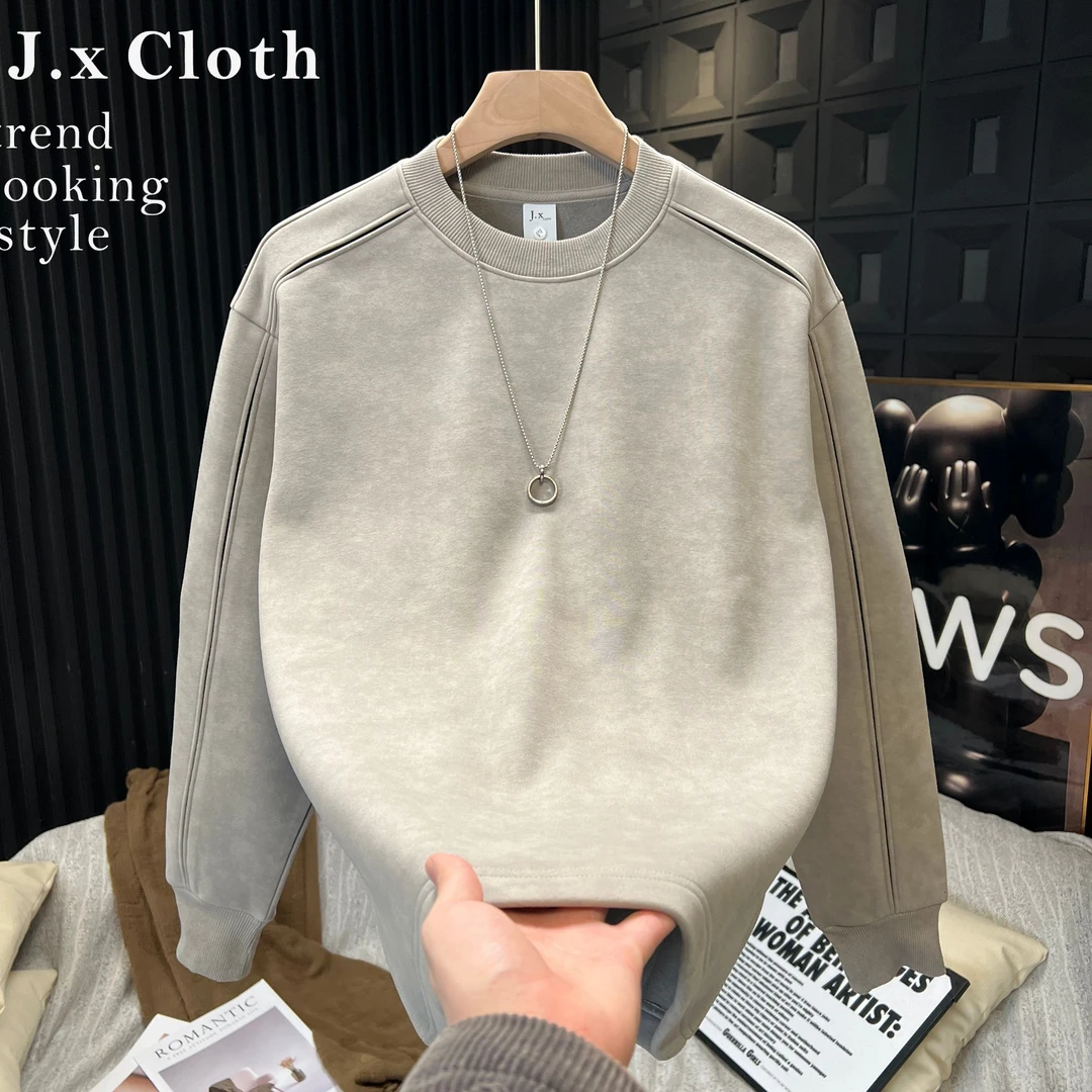 J.x Cloth冬季精致压褶加绒哈苏线圆领卫衣打底男秋冬单穿上衣051