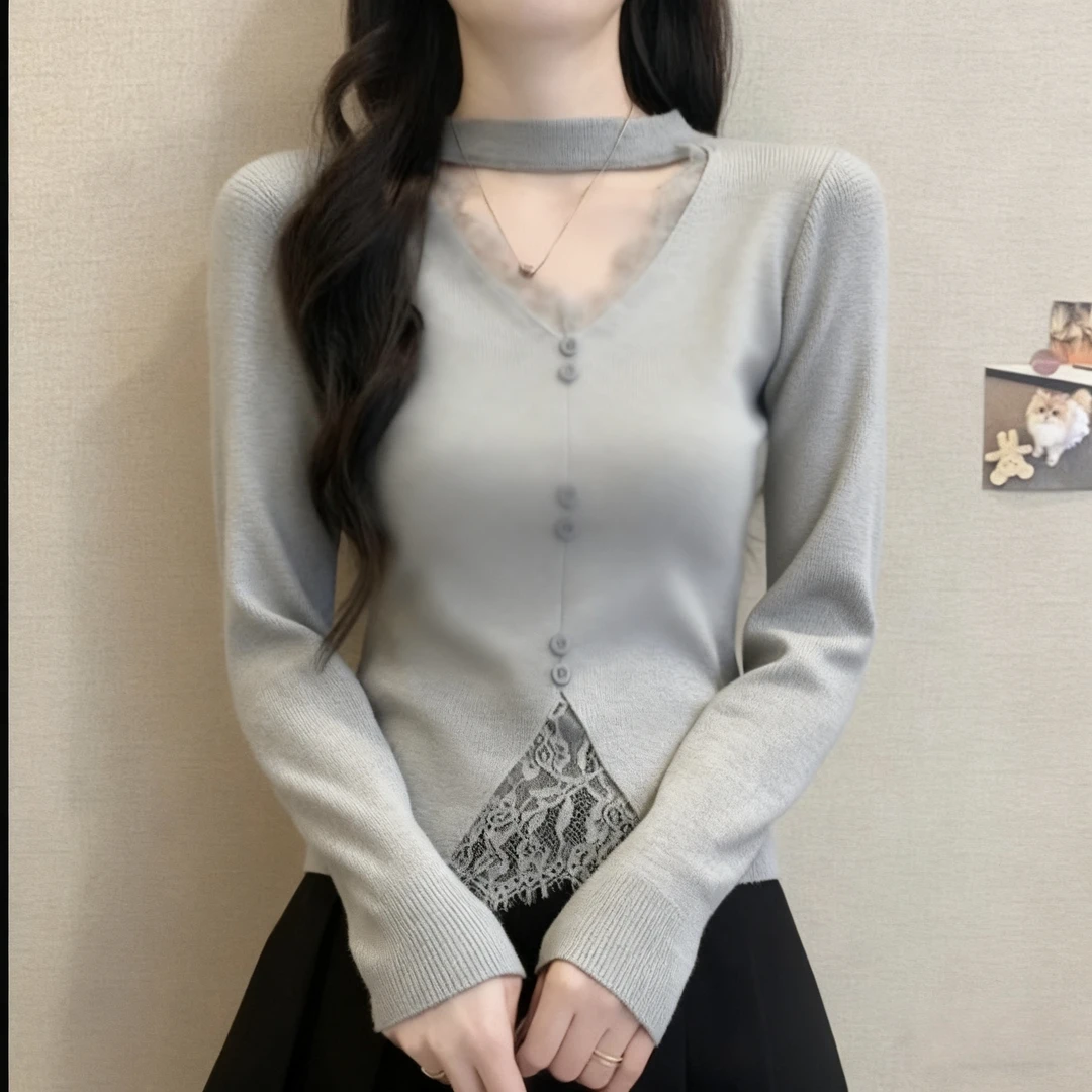 浅灰色挂脖V领打底衫女2025早春新款内搭短款毛衣小个子miu系上衣
