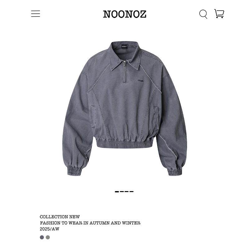 NOONOZ潮牌美式复古解构水洗半拉链卫衣男秋季中性风短款工装外套