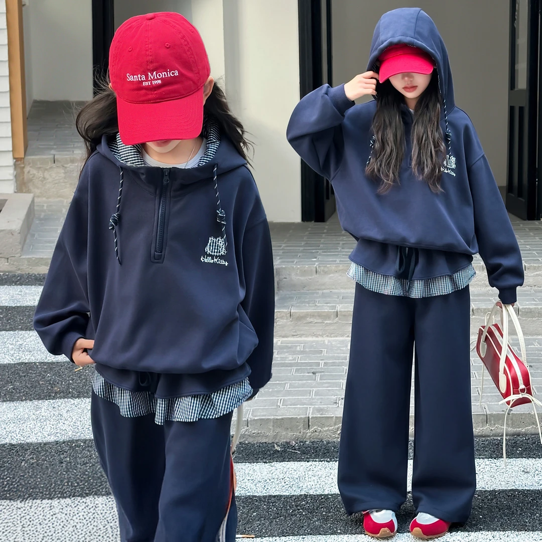 秋季常规女童洋气套头春秋套装宽松炸街上衣时髦春秋儿童藏青色