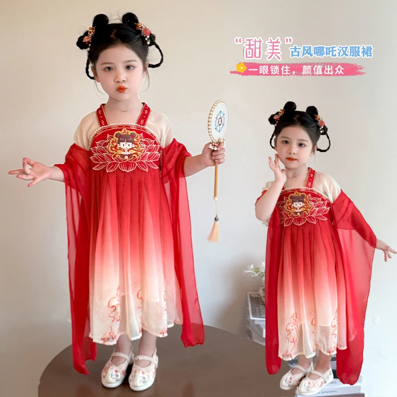 汉服女童连衣裙夏装2025新款洋气宝宝周岁礼服儿童国风公主裙夏季
