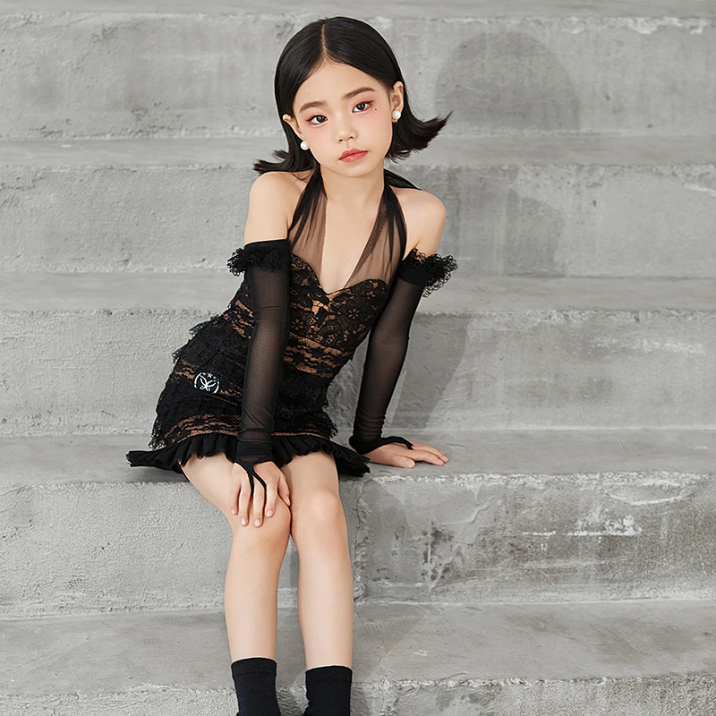 星辰舞服立体花朵吊带蕾丝花边裙摆高级显瘦拉丁舞练功服