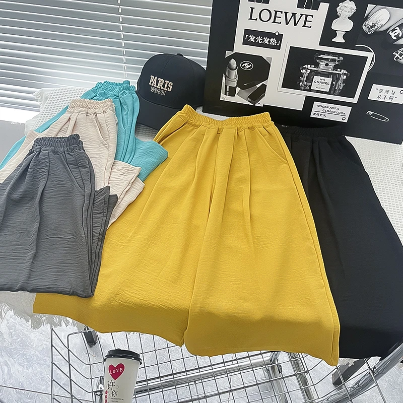 新款麻料裙裤女童松紧腰百搭时尚宽松显瘦大阔腿休闲裤