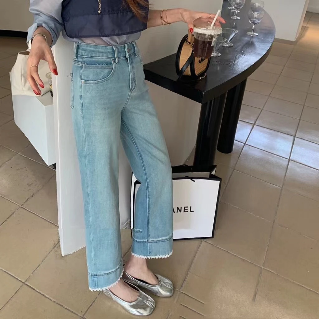 E薄款垂感显瘦蓝色高腰时尚夏季直筒裤牛仔裤女