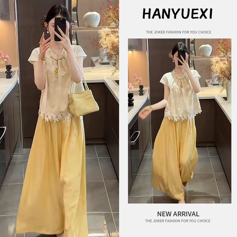 今年流行穿搭一整套2025新款新中式镂空设计上衣宽松阔腿裤两件套