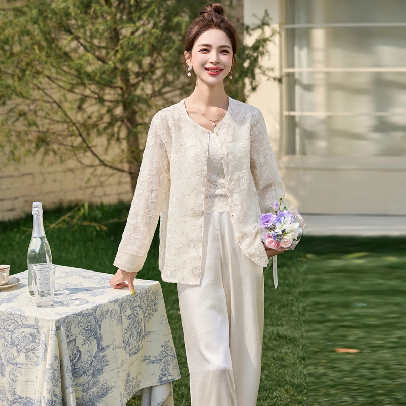 2025夏季新款重工艺刺绣百搭休闲长袖防晒夏季设计阔腿裤套裤两件