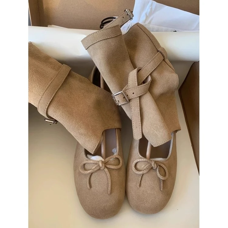 推荐款~时髦真皮反绒手工芭蕾舞鞋女新款蝴蝶结玛丽珍单鞋裤管靴