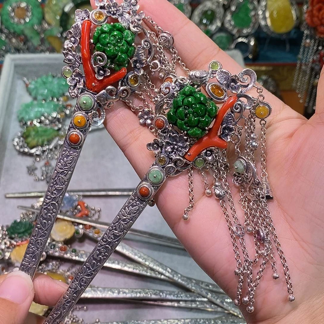 散珠翡翠发簪炸炸炸