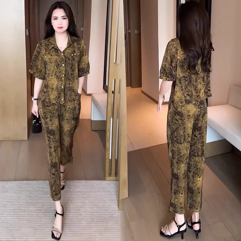 时尚套装女2025夏季新款小个子洋气气质宽松减龄印花休闲两件套潮